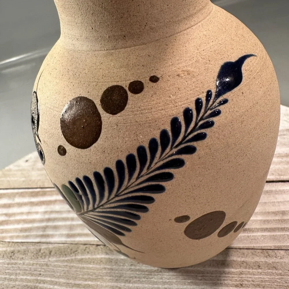 Mexican Folk Art Floral Vase Bird Sandstone Vintage Pottery Handcrafted Painted